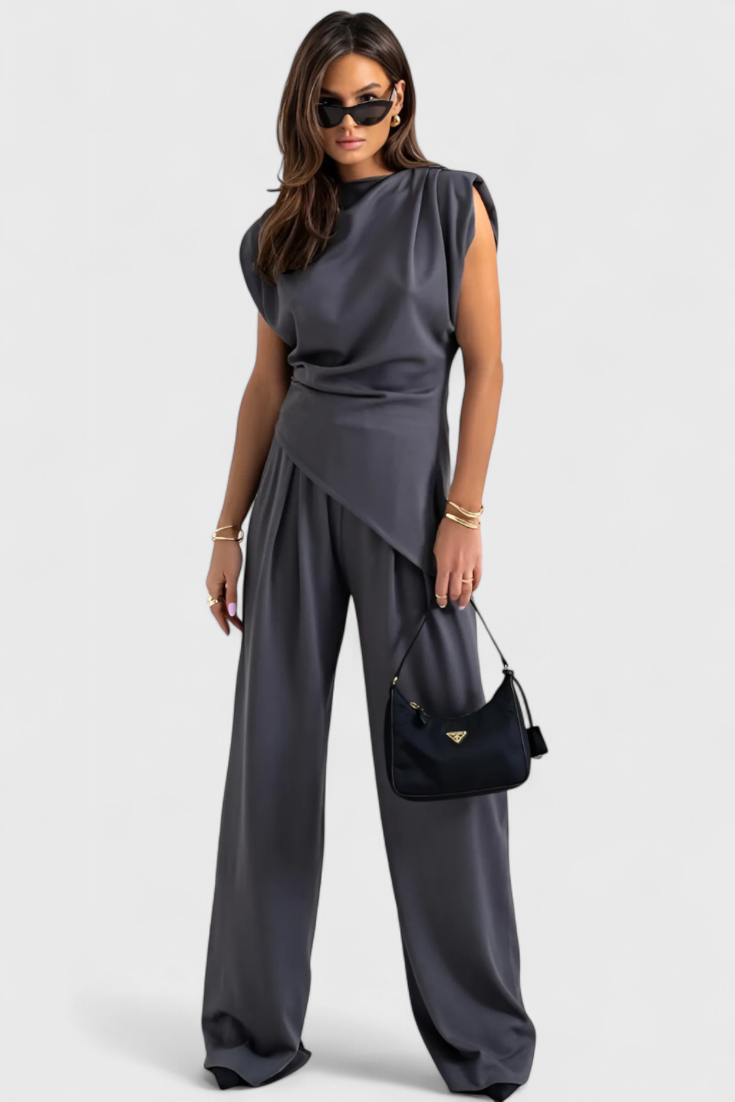Ambra Asymmetrical Set with Draped Shoulders and Flared Pants