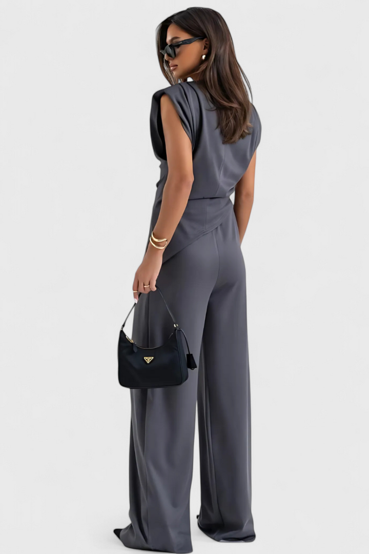 Ambra Asymmetrical Set with Draped Shoulders and Flared Pants