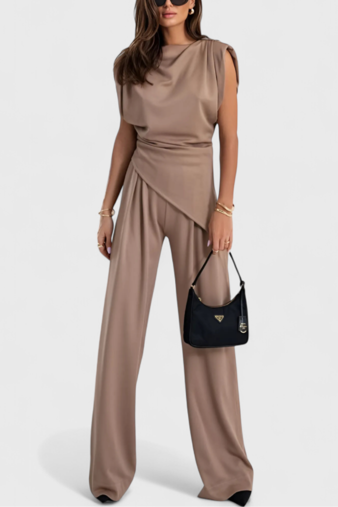 Ambra Asymmetrical Set with Draped Shoulders and Flared Pants