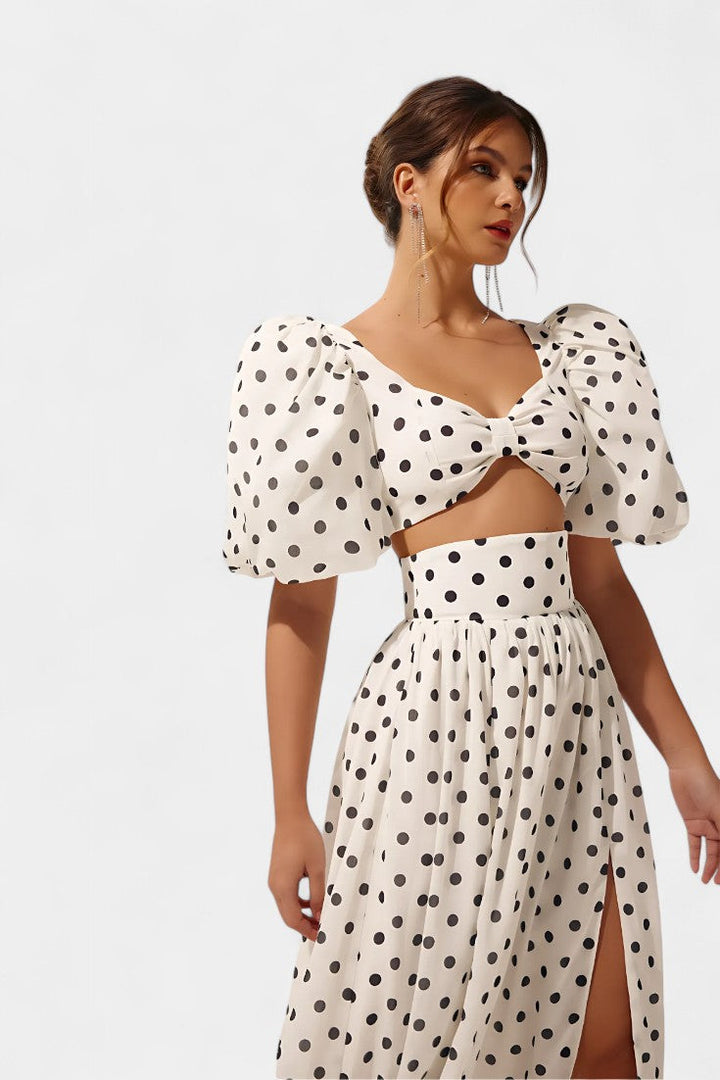 Graziella Polka Dot Ensemble: Puff Sleeve Top with Front Slit Skirt