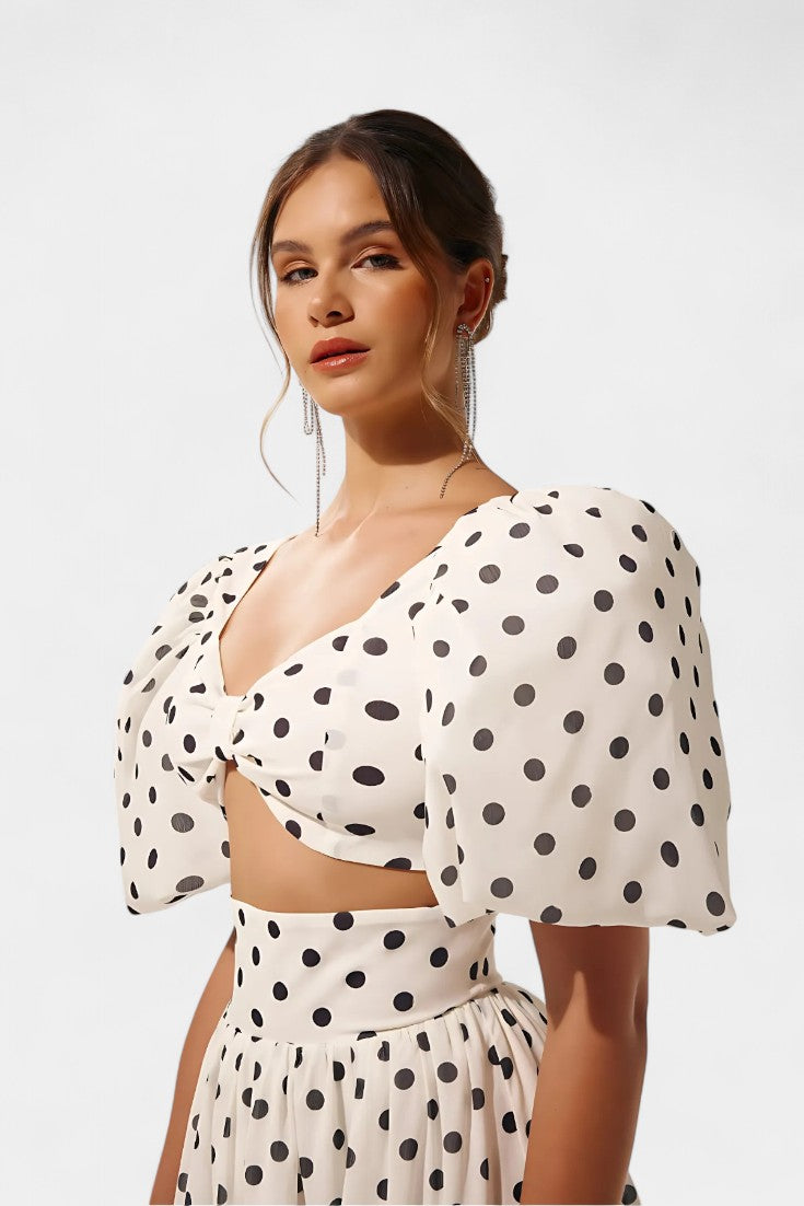 Graziella Polka Dot Ensemble: Puff Sleeve Top with Front Slit Skirt