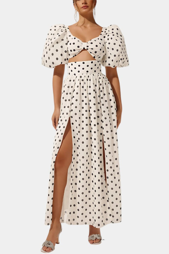 Graziella Polka Dot Ensemble: Puff Sleeve Top with Front Slit Skirt