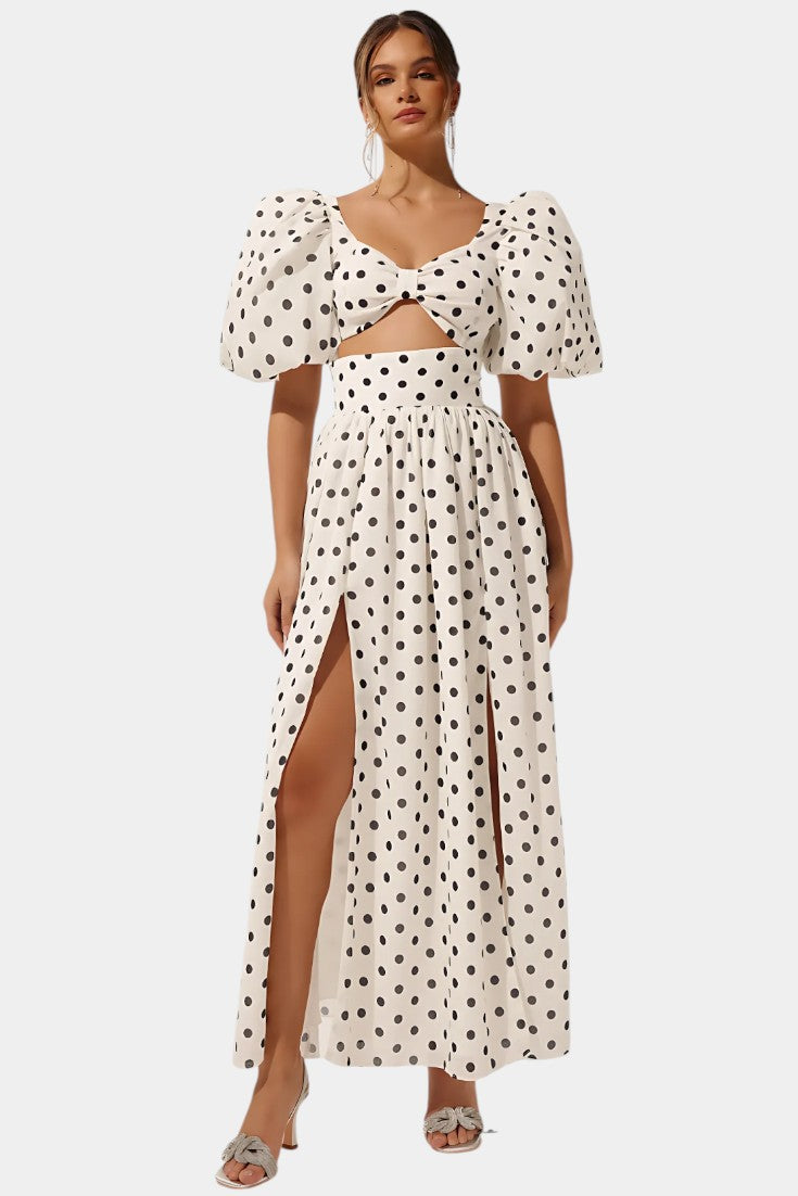Graziella Polka Dot Ensemble: Puff Sleeve Top with Front Slit Skirt