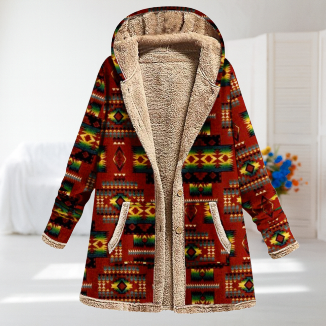 Melania | Red Patterned Hooded Fleece Jacket