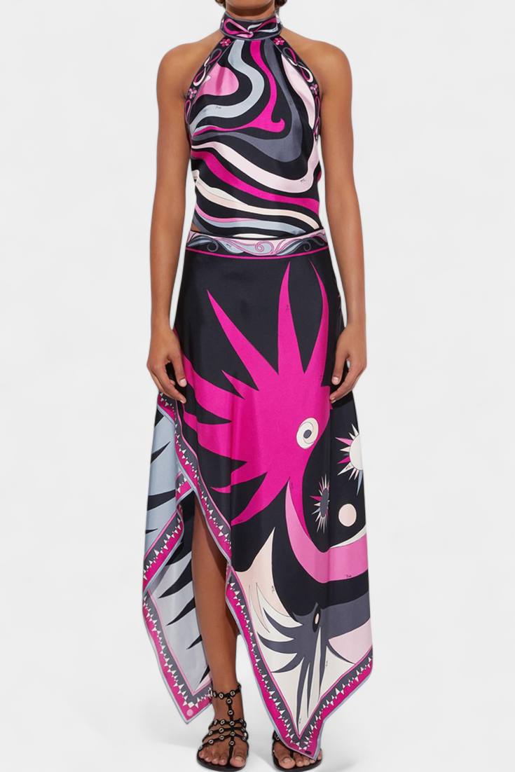 Lavinia Halter Top and A-Line Skirt Set in Black and Pink Abstract Design