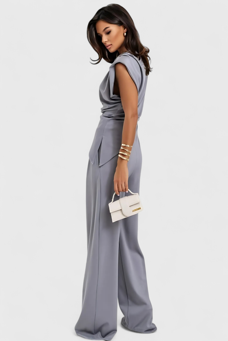 Ambra Asymmetrical Set with Draped Shoulders and Flared Pants