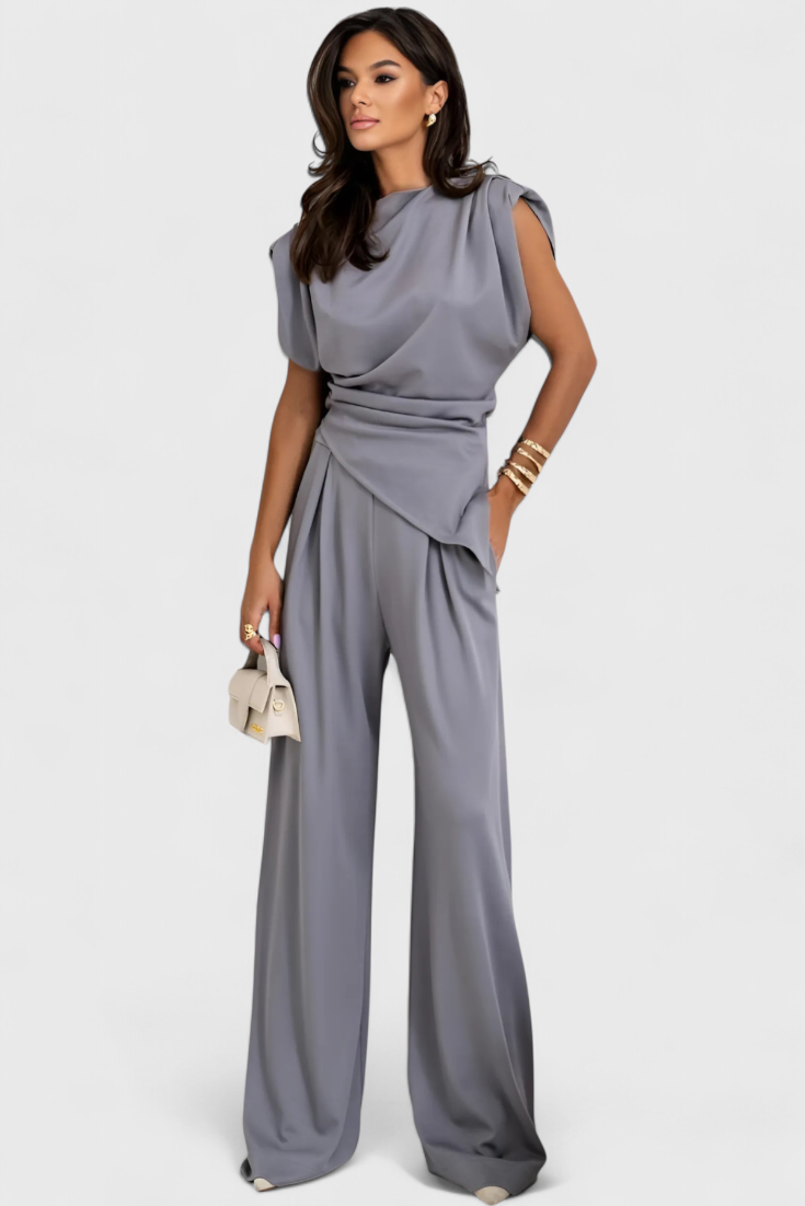 Ambra Asymmetrical Set with Draped Shoulders and Flared Pants
