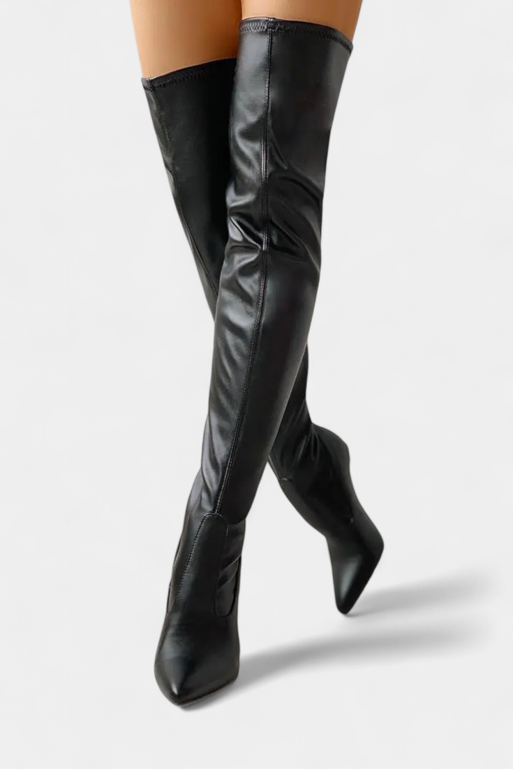 Clara Over-the-Knee Stretch Boots Featuring a Gold Heel and Back Zipper