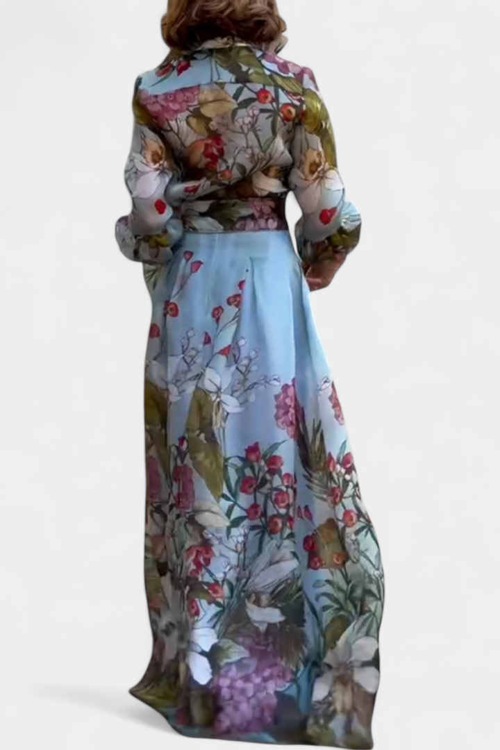 Gemma Botanical Print Ensemble: Belted Shirt and Palazzo Pants