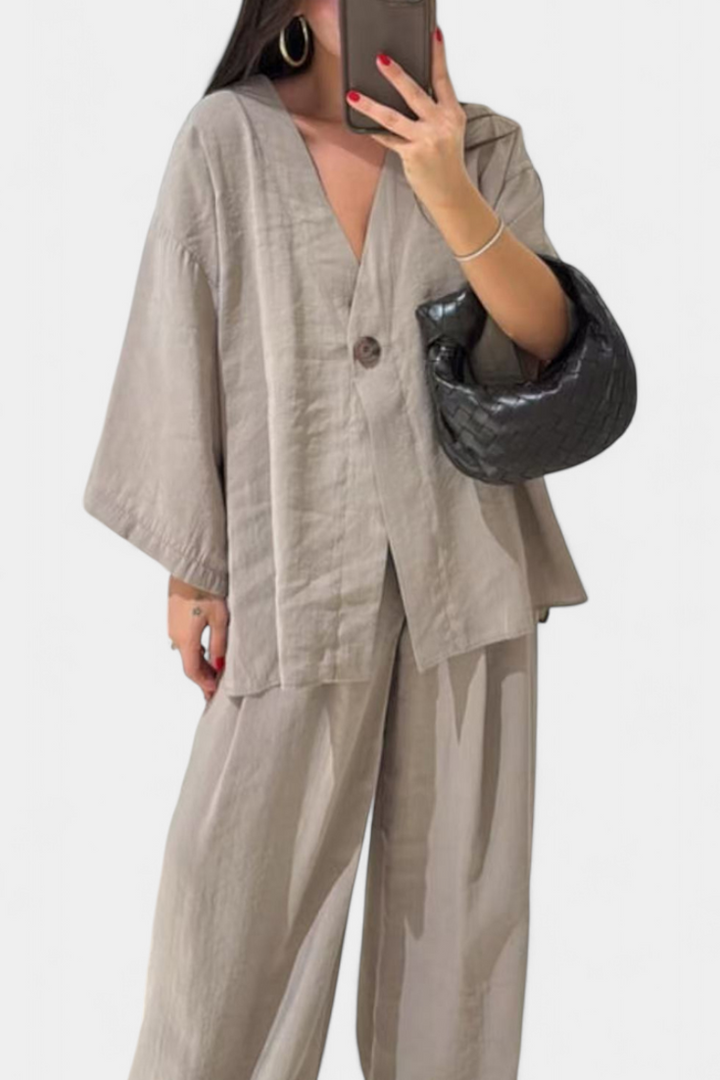 Linda V-Neck Top with Straight-Leg Pants Set