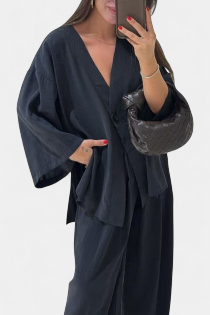 Linda V-Neck Top with Straight-Leg Pants Set