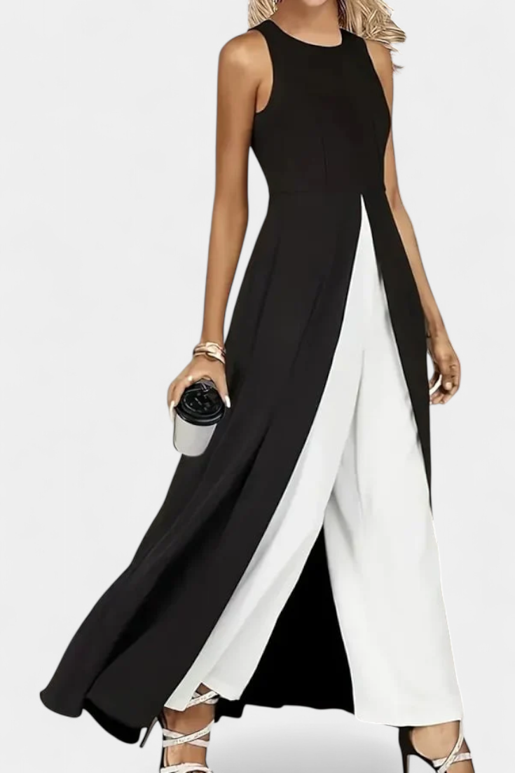 Arianna Two-Tone Sleeveless Layered Long Set with Flared Pants