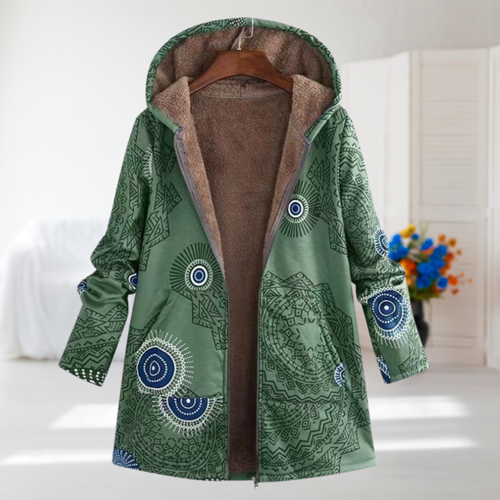 Margherita | Green Patterned Hooded Fleece Jacket