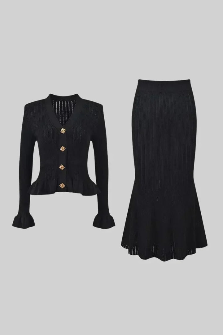 Sofia Knit Ensemble: Ruffled Cardigan and Flared Midi Skirt