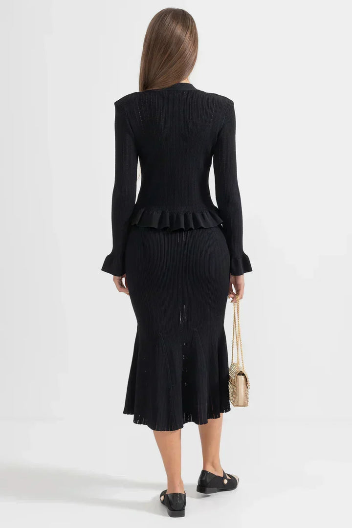 Sofia Knit Ensemble: Ruffled Cardigan and Flared Midi Skirt