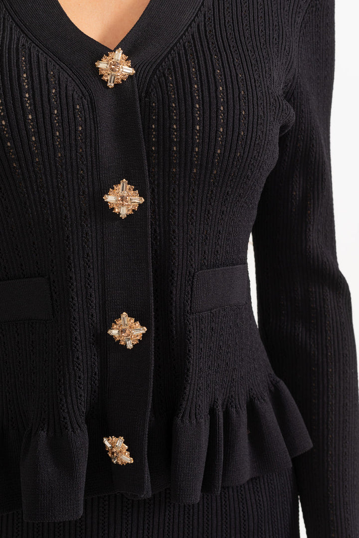 Sofia Knit Ensemble: Ruffled Cardigan and Flared Midi Skirt