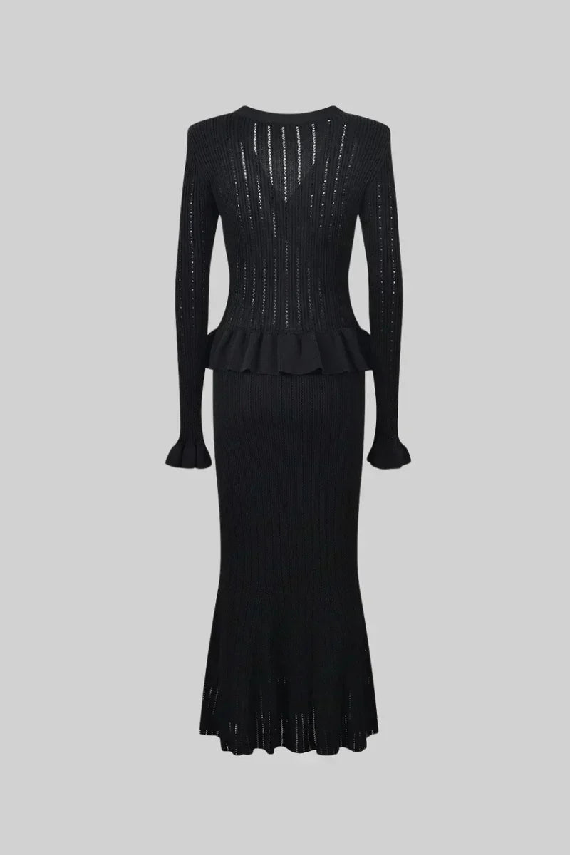 Sofia Knit Ensemble: Ruffled Cardigan and Flared Midi Skirt