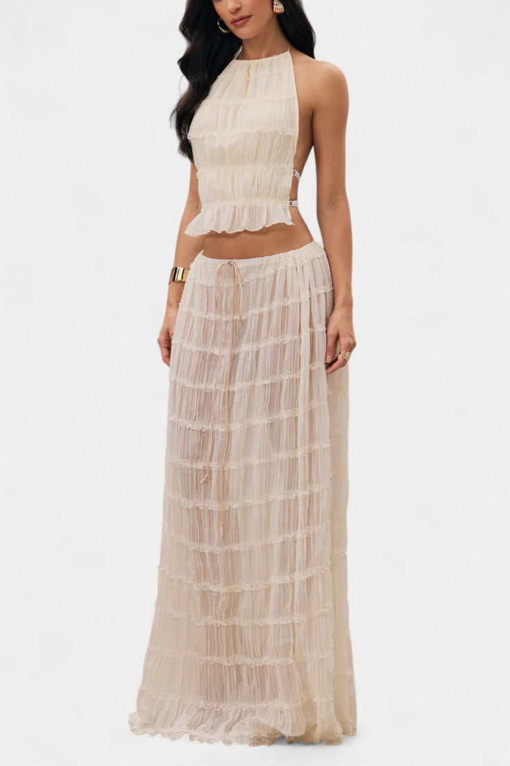 Serena Halter Neck Pleated Ensemble with Flowing High-Waisted Skirt