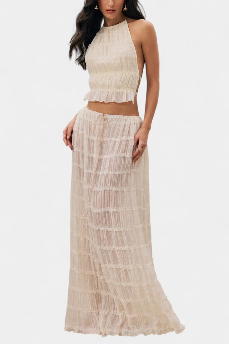 Serena Halter Neck Pleated Ensemble with Flowing High-Waisted Skirt