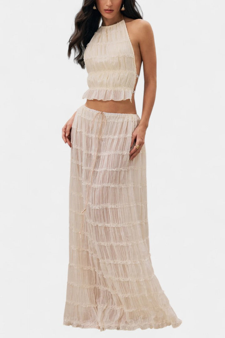 Serena Halter Neck Pleated Ensemble with Flowing High-Waisted Skirt