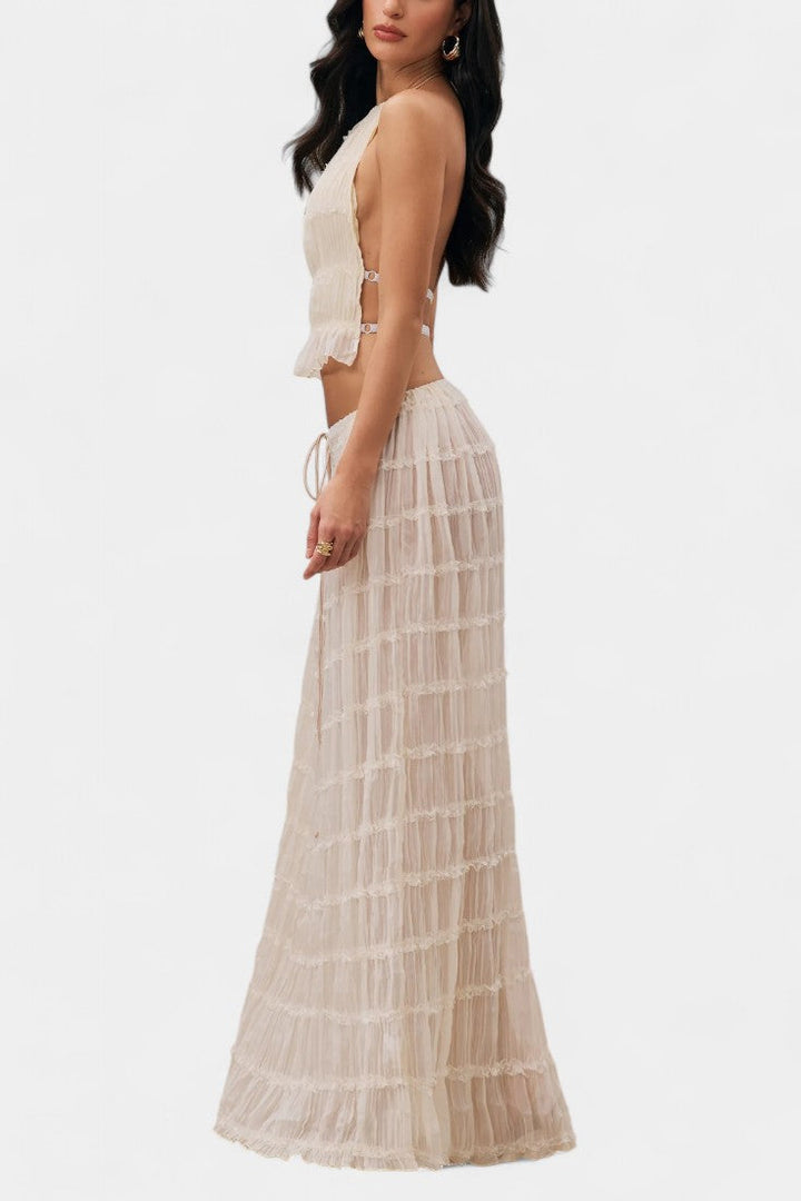 Serena Halter Neck Pleated Ensemble with Flowing High-Waisted Skirt