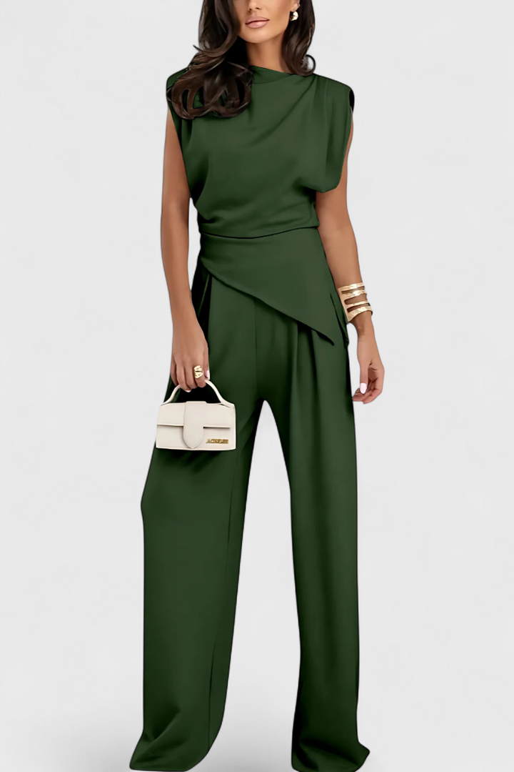 Ambra Asymmetrical Set with Draped Shoulders and Flared Pants