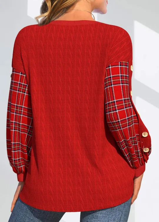 Zita | Red Knit Sweater with Checkered Sleeves
