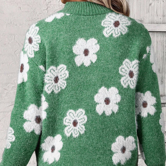 Melania | Floral Cable-Knit Quarter-Zip Sweater