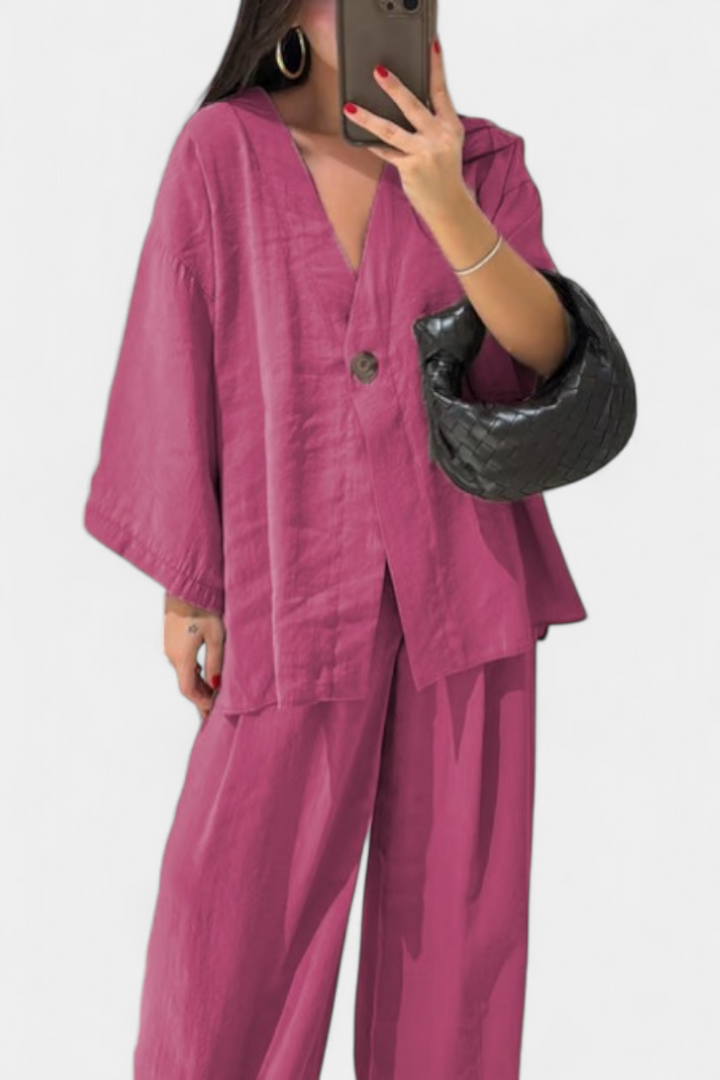 Linda V-Neck Top with Straight-Leg Pants Set
