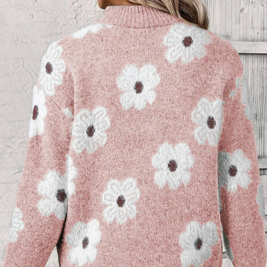 Melania | Floral Cable-Knit Quarter-Zip Sweater
