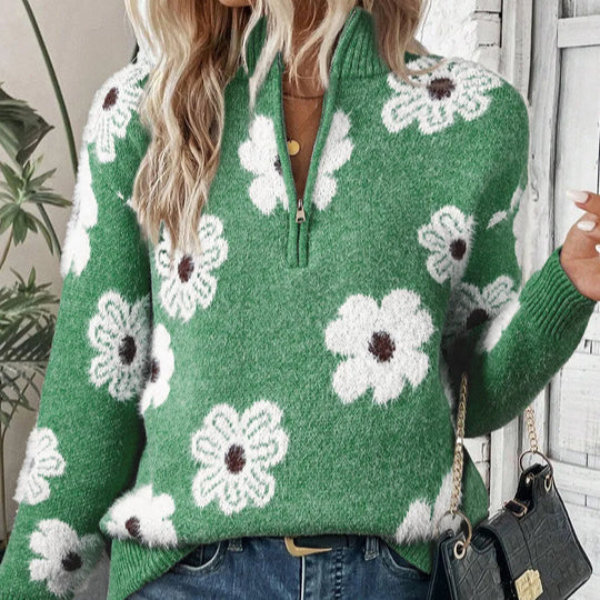 Melania | Floral Cable-Knit Quarter-Zip Sweater