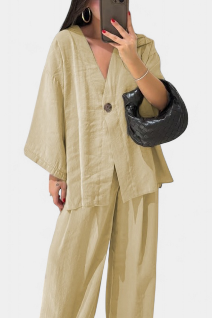Linda V-Neck Top with Straight-Leg Pants Set