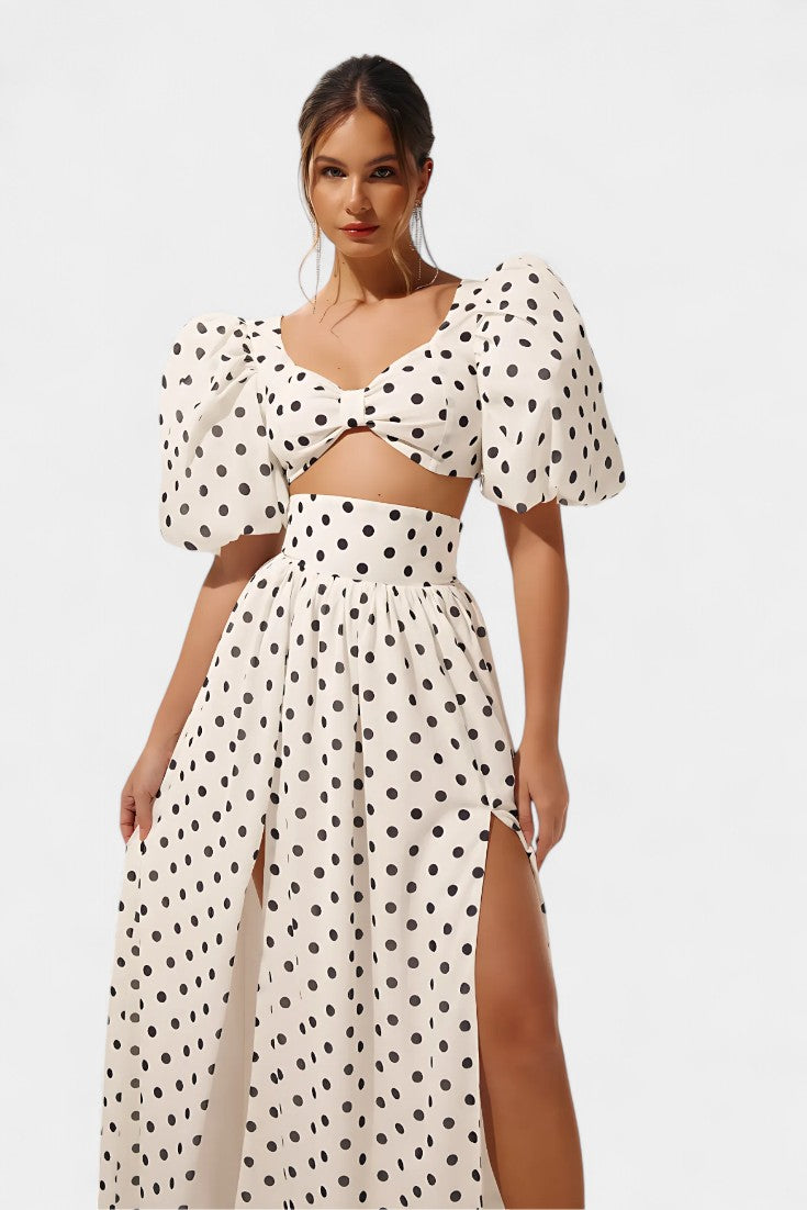 Graziella Polka Dot Ensemble: Puff Sleeve Top with Front Slit Skirt