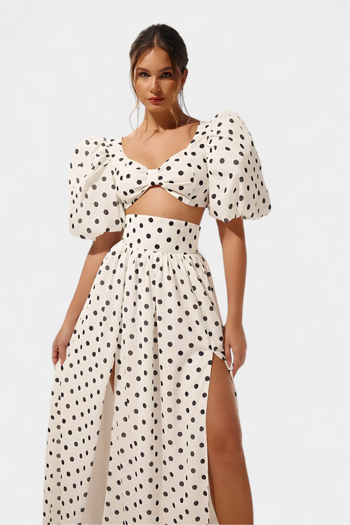Graziella Polka Dot Ensemble: Puff Sleeve Top with Front Slit Skirt
