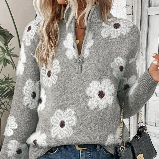 Melania | Floral Cable-Knit Quarter-Zip Sweater