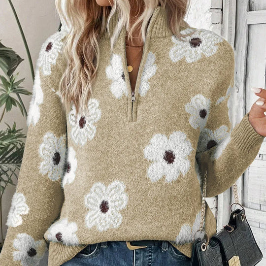 Melania | Floral Cable-Knit Quarter-Zip Sweater