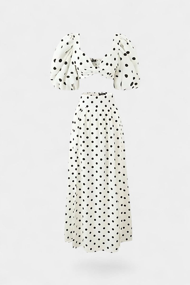 Graziella Polka Dot Ensemble: Puff Sleeve Top with Front Slit Skirt