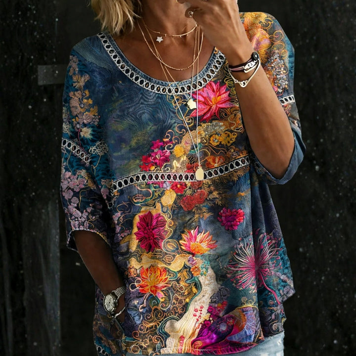 Iris | Vintage Floral Denim Blouse