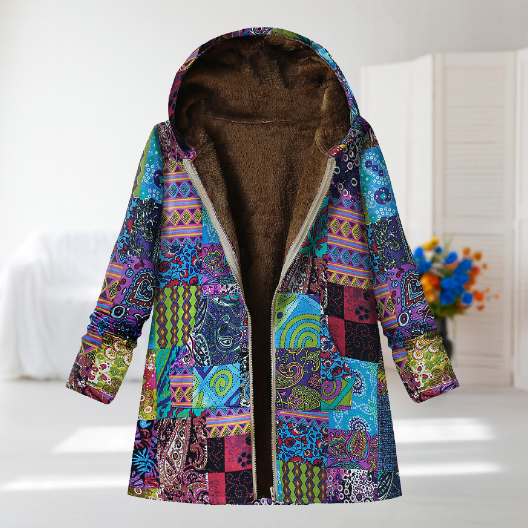 Miranda | Blue Patchwork Hooded Fleece Jacket