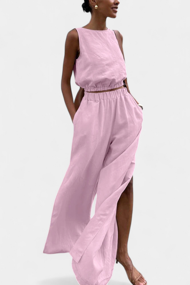 Nora Sleeveless Cotton-Linen Set with Wide-Leg Trousers