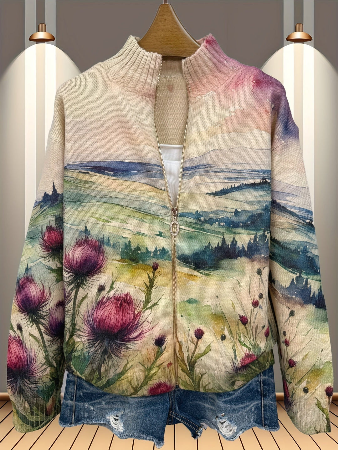 Evelina | Thistle Landscape Zip Cardigan