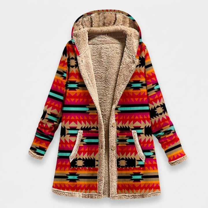 Milena | Orange Aztec Hooded Fleece Coat