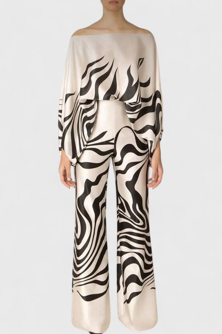 Artistic Print Off-the-Shoulder Top and Wide-Leg Pants Set by Giulia