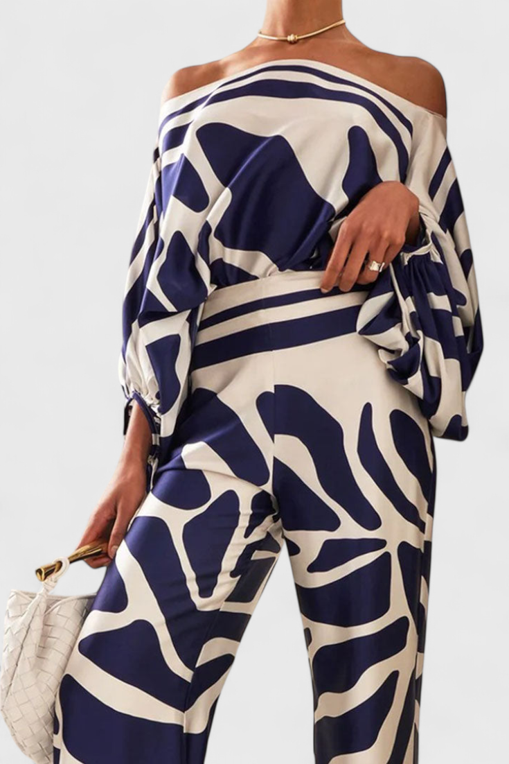 Artistic Print Off-the-Shoulder Top and Wide-Leg Pants Set by Giulia