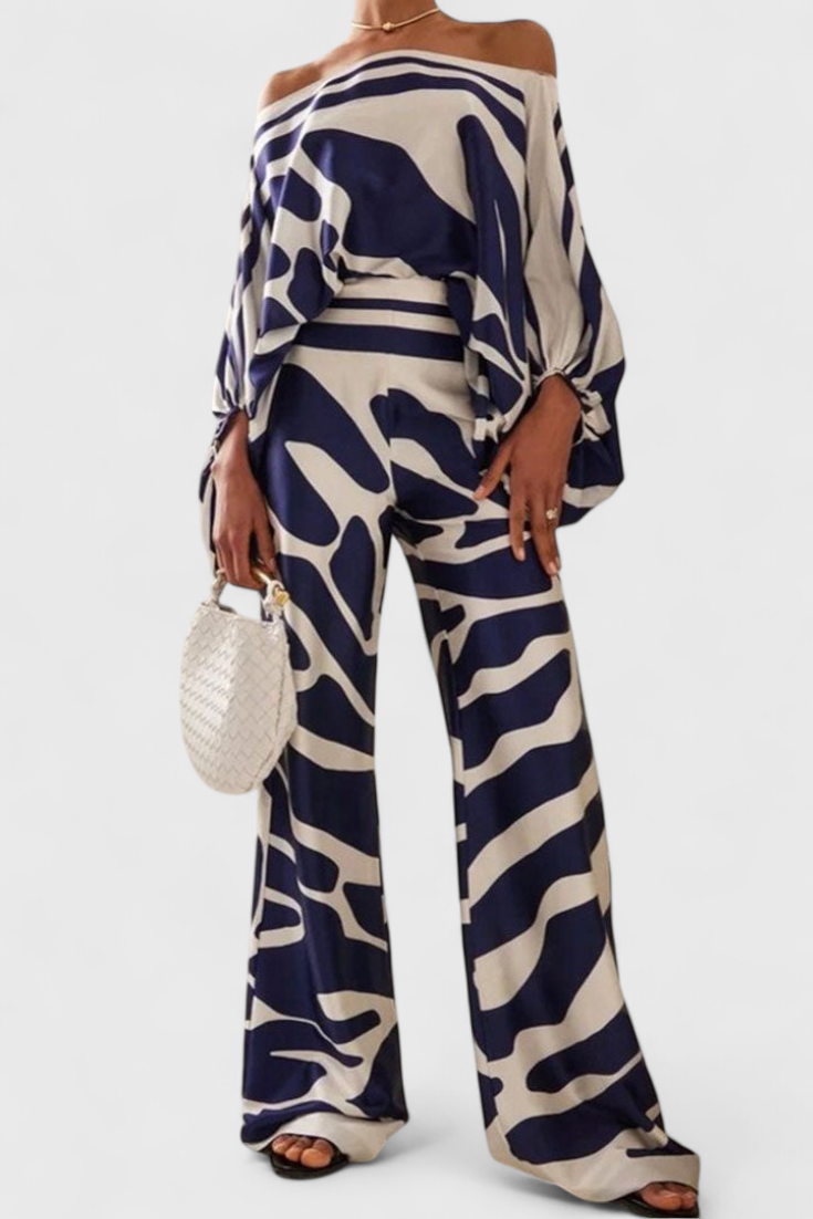 Artistic Print Off-the-Shoulder Top and Wide-Leg Pants Set by Giulia