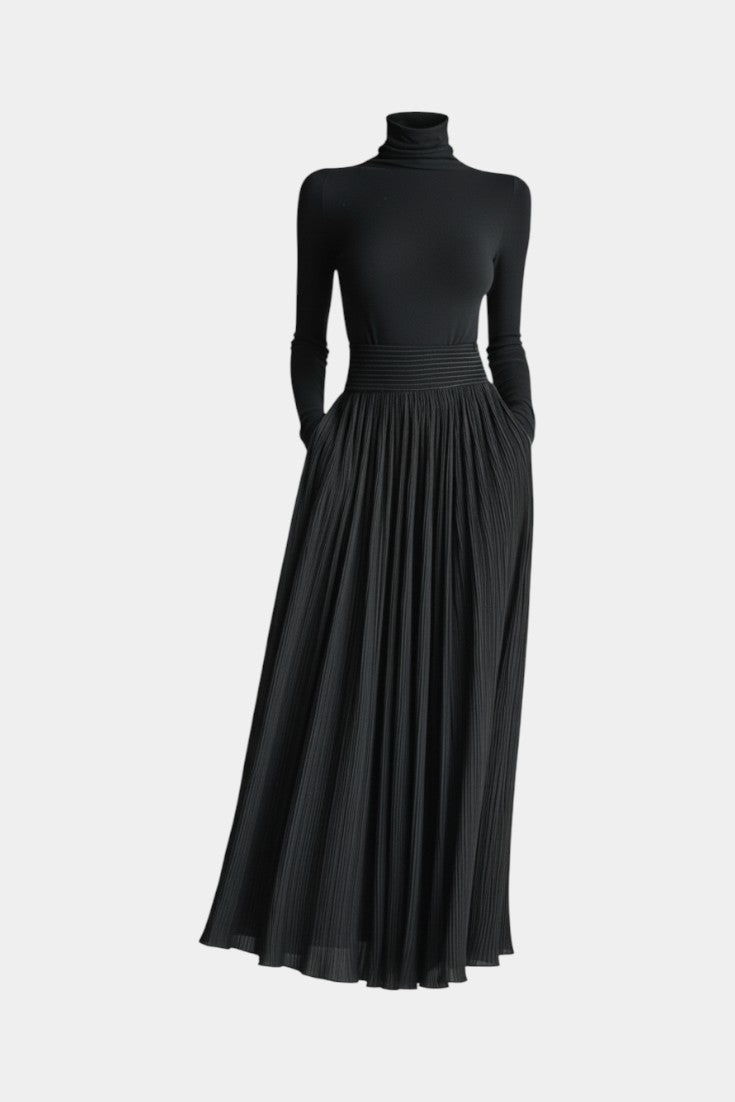 Rosa Black High Neck Set with Flowing Pleated Skirt