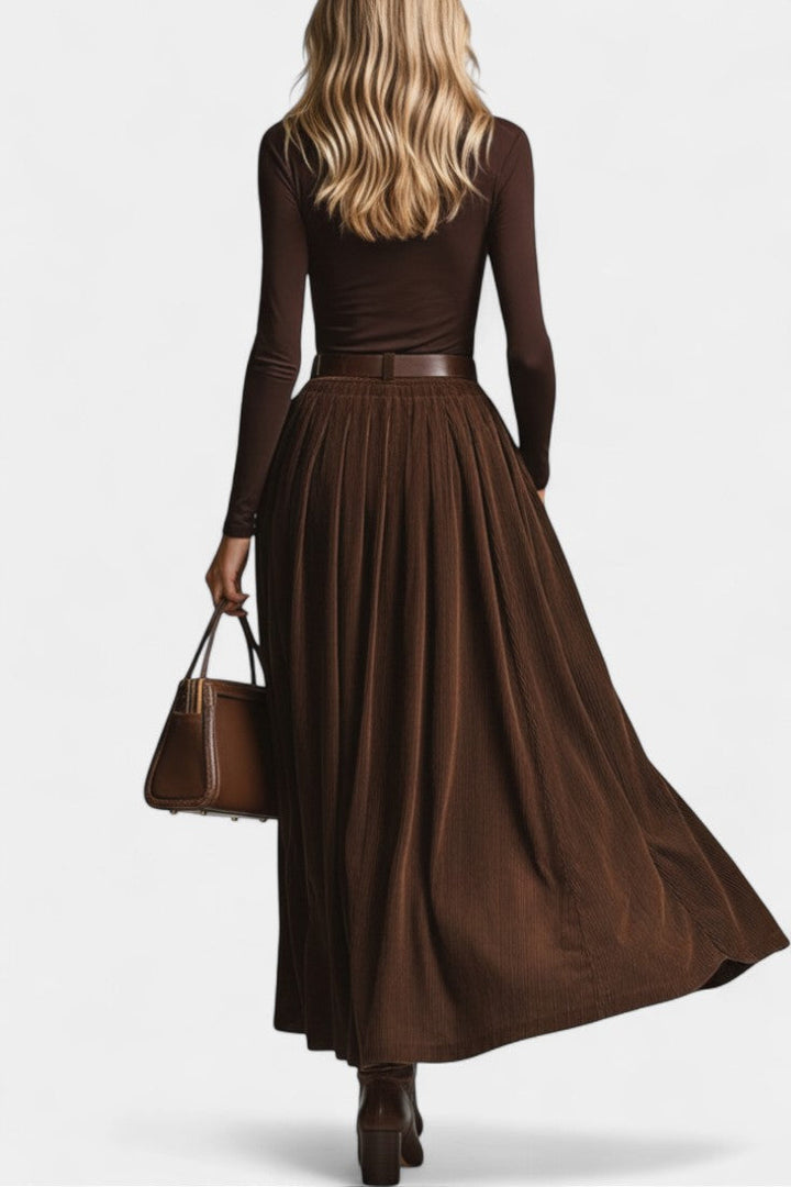 Olimpia Dark Brown Turtleneck Ensemble with Corduroy Skirt
