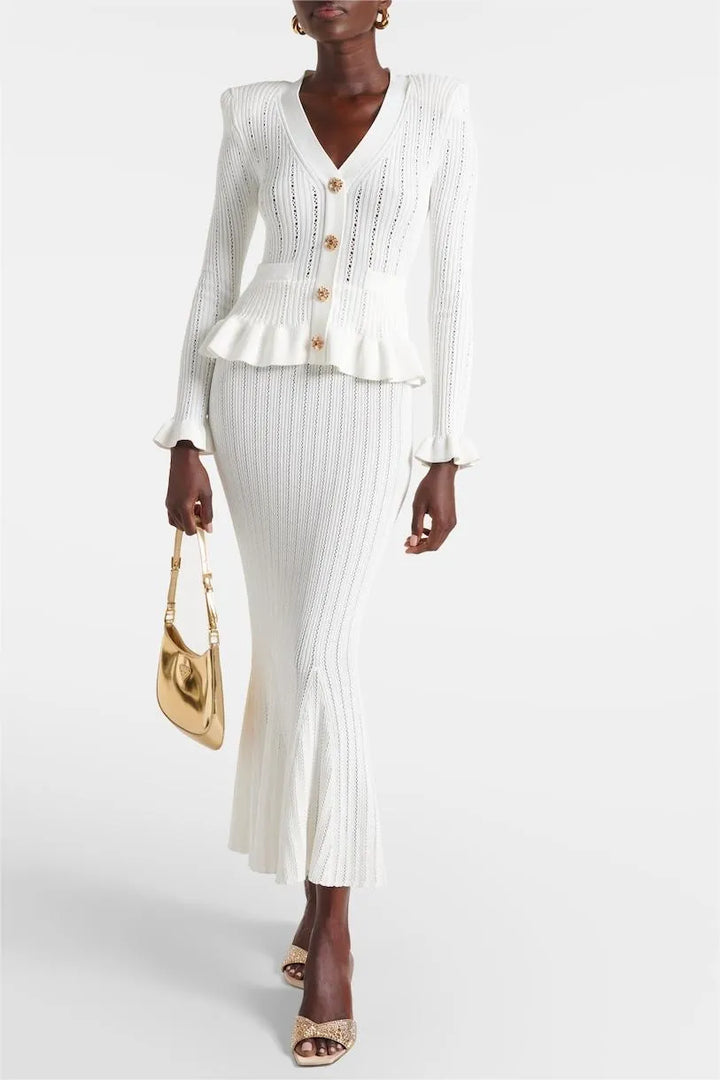 Sofia Knit Ensemble: Ruffled Cardigan and Flared Midi Skirt