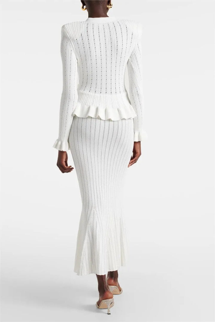 Sofia Knit Ensemble: Ruffled Cardigan and Flared Midi Skirt