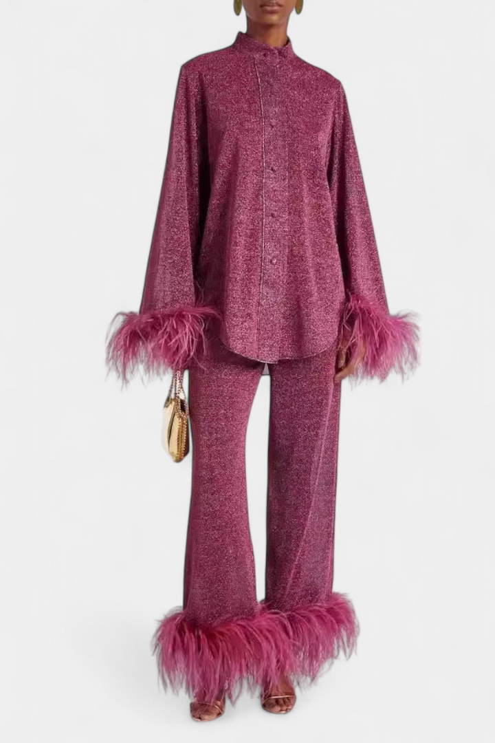Noemi Long Sleeve Blouse & Casual Pants Set with Feather Necklace